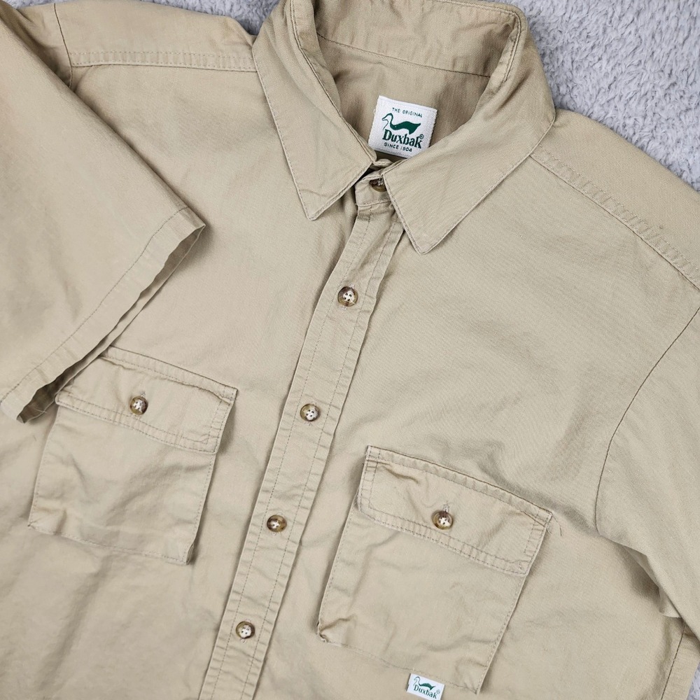VTG Duxbak Work Shirt Mens L Tan Short Sleeve Button Up Cotton Twill Outdoor